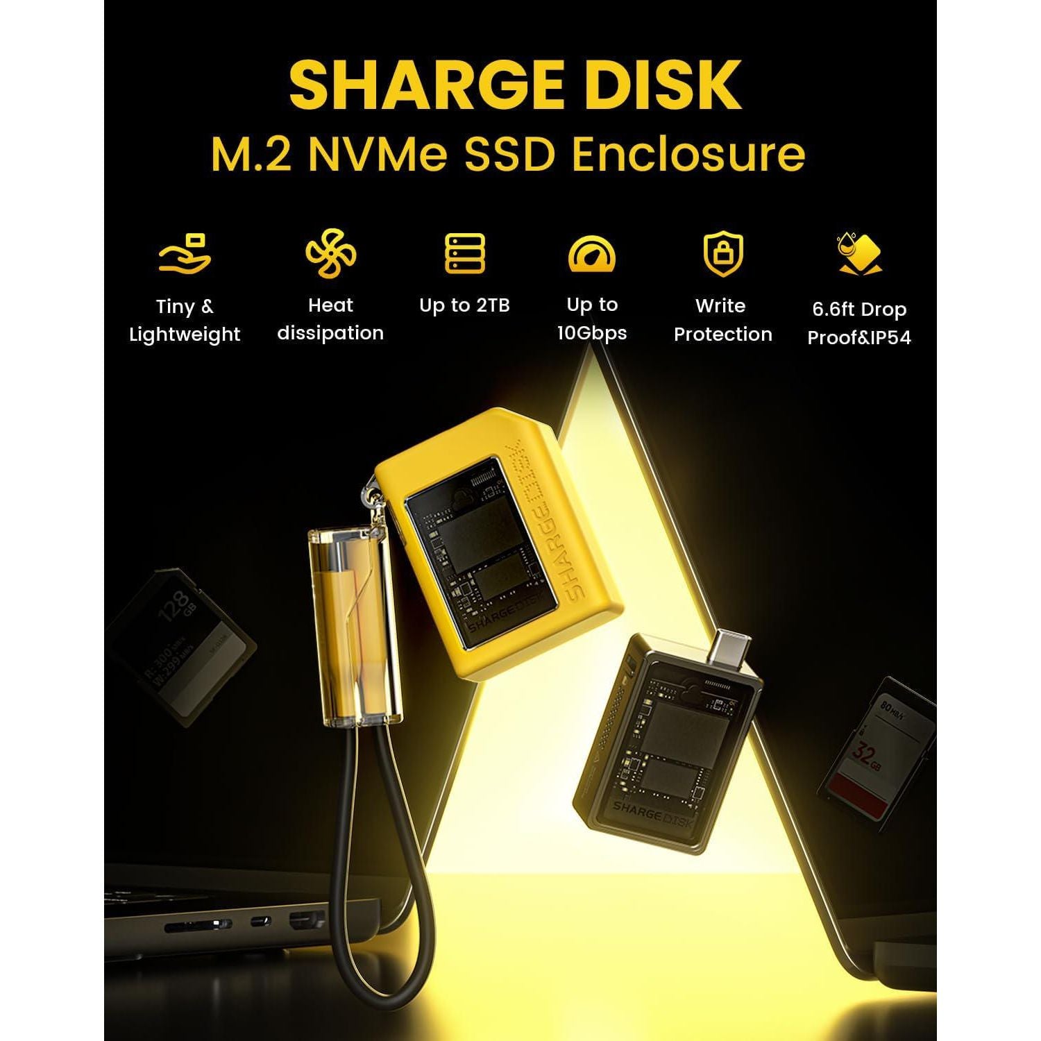 Sharge Disk M.2 NVMe SSD Enclosure With Active Cooling System, 10Gbps USB C 3.2 Gen2, Enclosure NVMe Reader Supports M Keys And Size 2230 SSDs, Yellow,