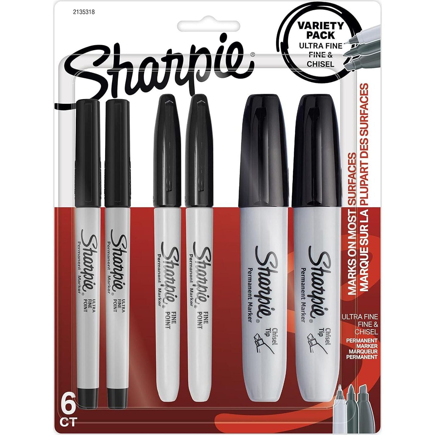 Sharpie Permanent Markers Variety Pack, Featuring Ultra-Fine, Chisel Tip, And Fine Tip Marker Set, Writing And Poster Markers, Black, 6 Count,