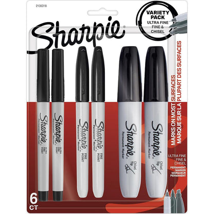 Sharpie Permanent Markers Variety Pack, Featuring Ultra-Fine, Chisel Tip, And Fine Tip Marker Set, Writing And Poster Markers, Black, 6 Count,