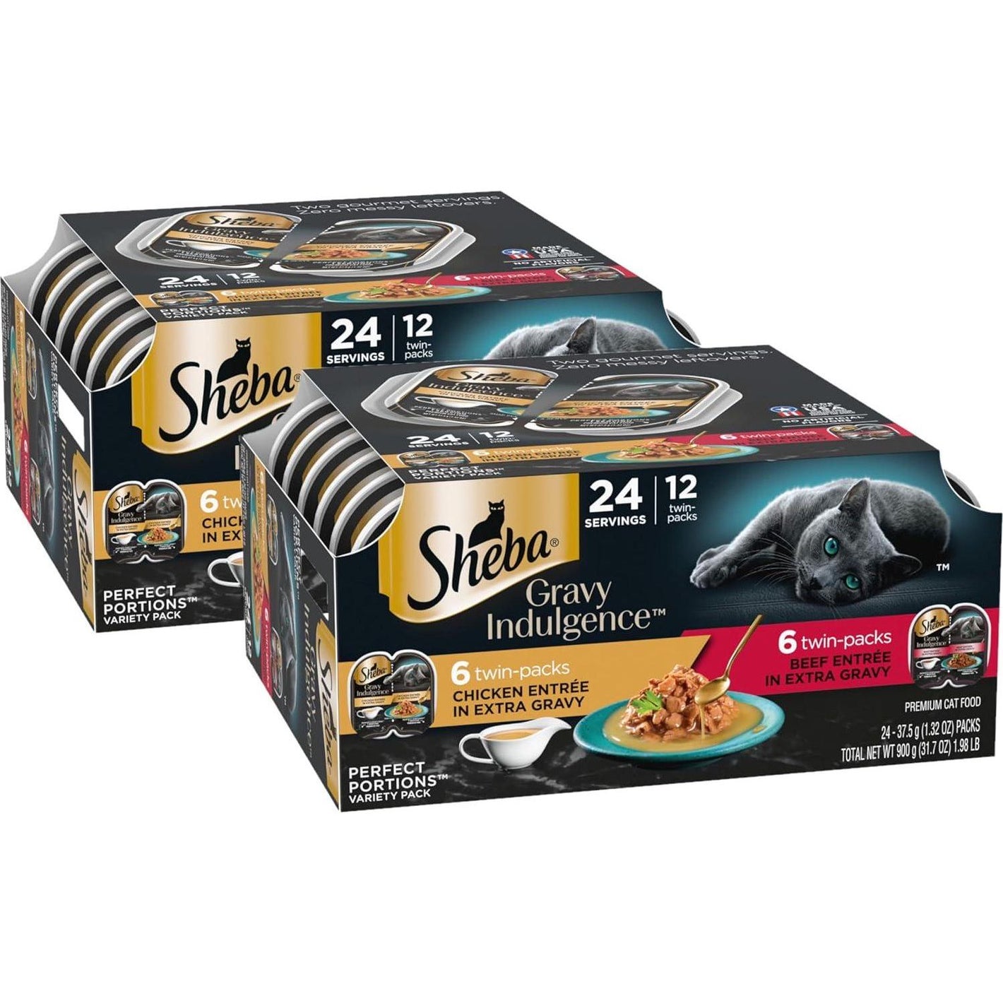 Sheba Wet Cat Food Variety Pack Pack of 2 12 Twin Trays 2.6 oz Each 24 Servings Chicken and Beef in Extra Gravy