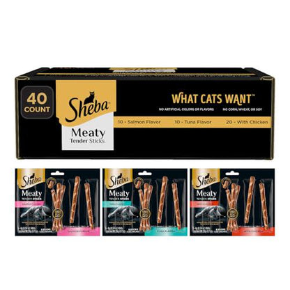 Sheba Meaty Tender Sticks, 40 Ct, 0.14?oz each, Soft Cat Treats with Chicken, Tuna & Salmon Flavors