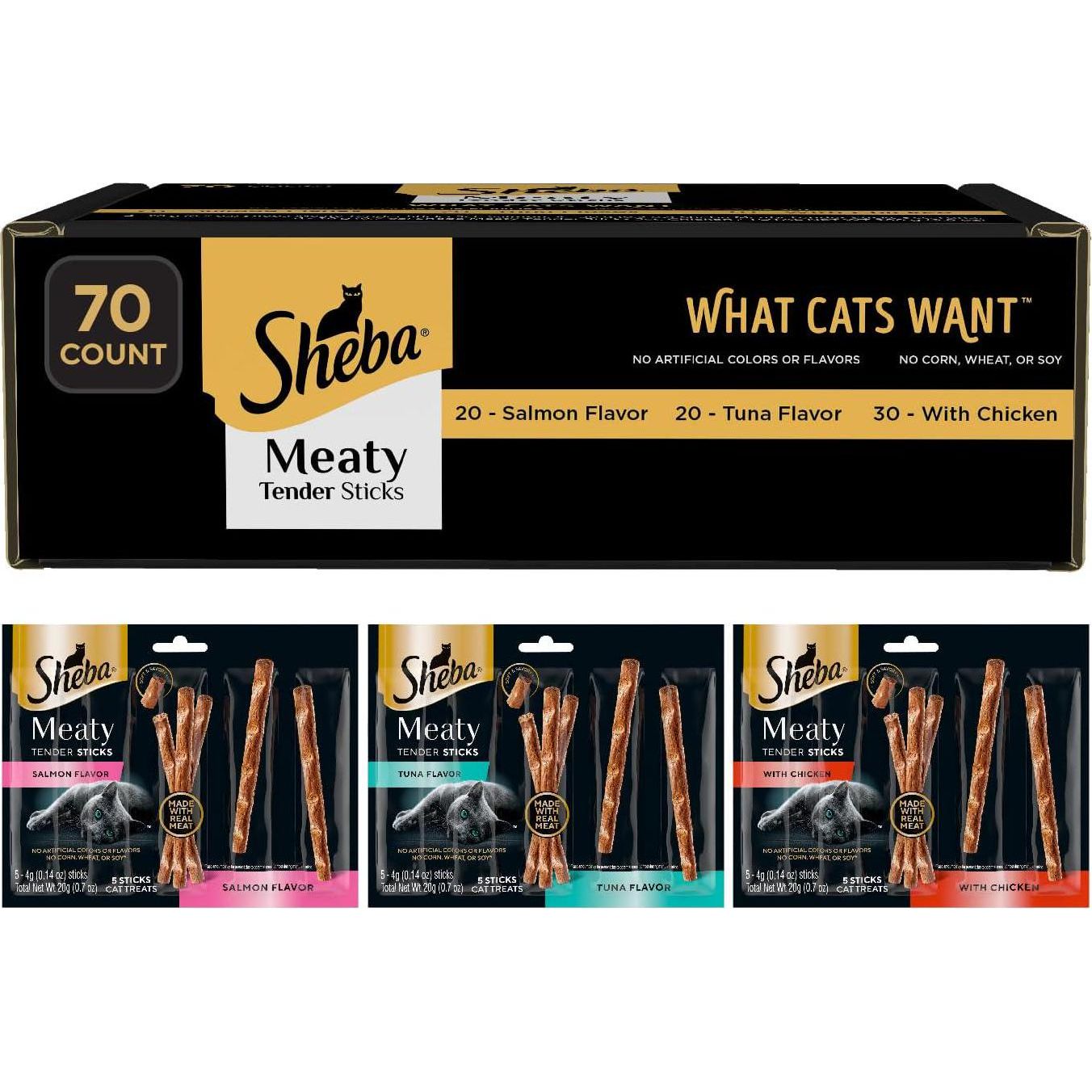 Sheba Meaty Tender Sticks Cat Treats with Chicken Tuna and Salmon Flavors 70 Count
