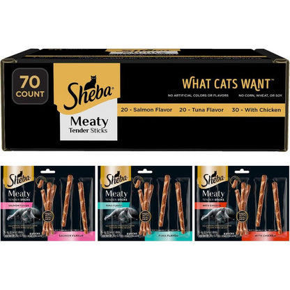 Sheba Meaty Tender Sticks Cat Treats with Chicken Tuna and Salmon Flavors 70 Count
