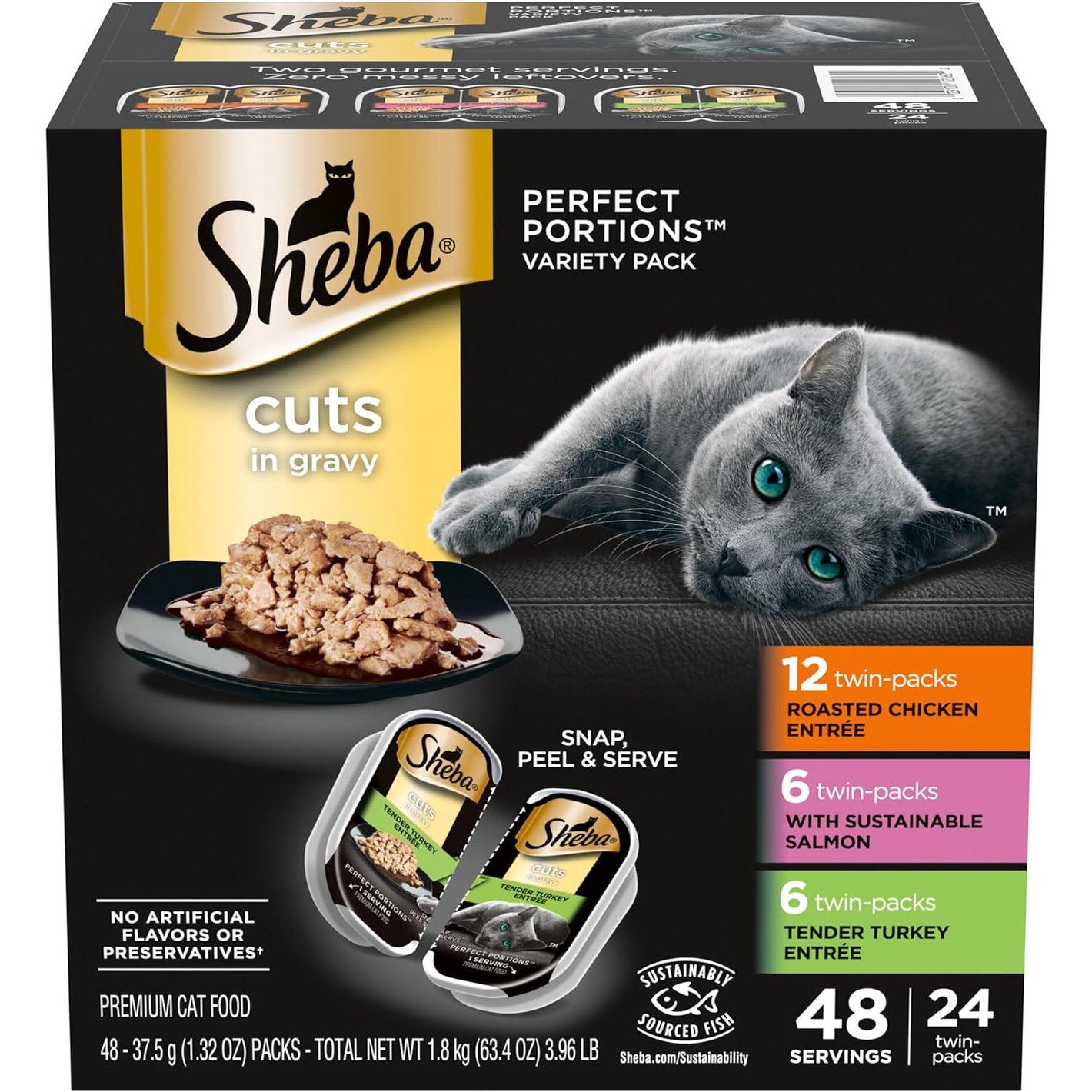 Sheba Perfect Portions Cuts in Gravy Wet Cat Food 48 Servings Roasted Chicken Salmon Turkey Trays