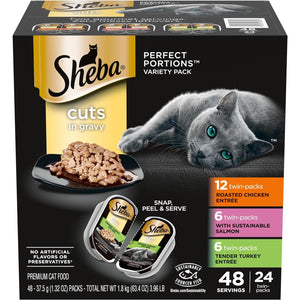 Sheba Perfect Portions Cuts in Gravy Wet Cat Food 48 Servings Roasted Chicken Salmon Turkey Trays