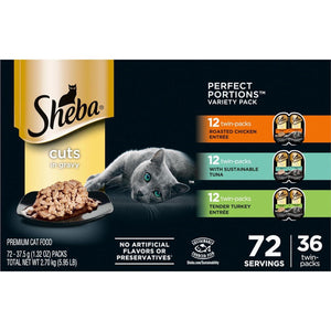 Sheba Wet Cat Food Perfect Portions Cuts in Gravy, Chicken, Tuna & Turkey, 2.6 oz Trays x 36, 72 Servings