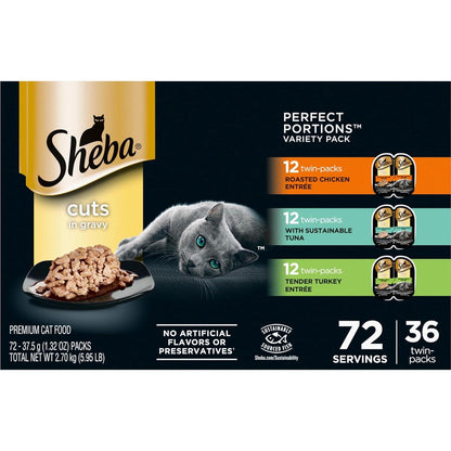 Sheba Wet Cat Food Perfect Portions Cuts in Gravy, Chicken, Tuna & Turkey, 2.6 oz Trays x 36, 72 Servings