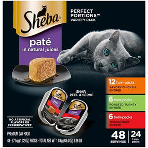 Sheba Perfect Portions Pâté Wet Cat Food, 2.6 oz x 24 Trays, 48 Servings, Chicken, Turkey & Beef Entrees