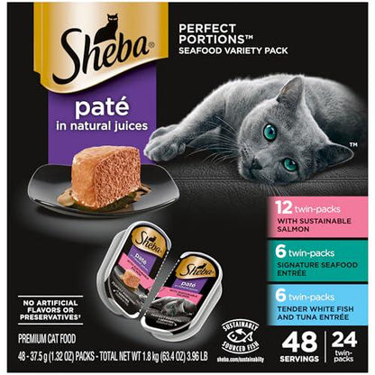 Sheba perfect portions cat food 24 twin packs 2.6 oz trays 48 servings salmon seafood whitefish tuna pate variety