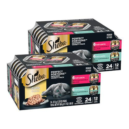 Sheba Perfect Portions Wet Cat Food Cuts in Gravy 2.6 oz Twin Packs 12 Count Tuna and Salmon Trays
