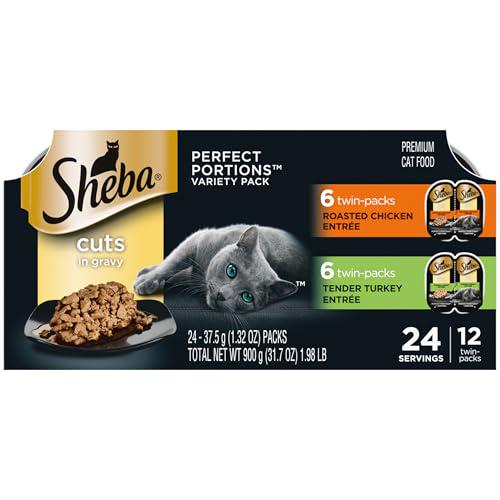 Sheba Perfect Portions Wet Cat Food, 24 Servings, Cuts in Gravy, Roasted Chicken & Turkey Variety Pack