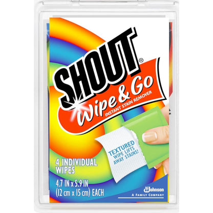 Shout Wipes, Wipe And Go Instant Stain Remover, Laundry Stain And Spot Remover For On-the-Go, 4 Wipes (Pack Of 1),