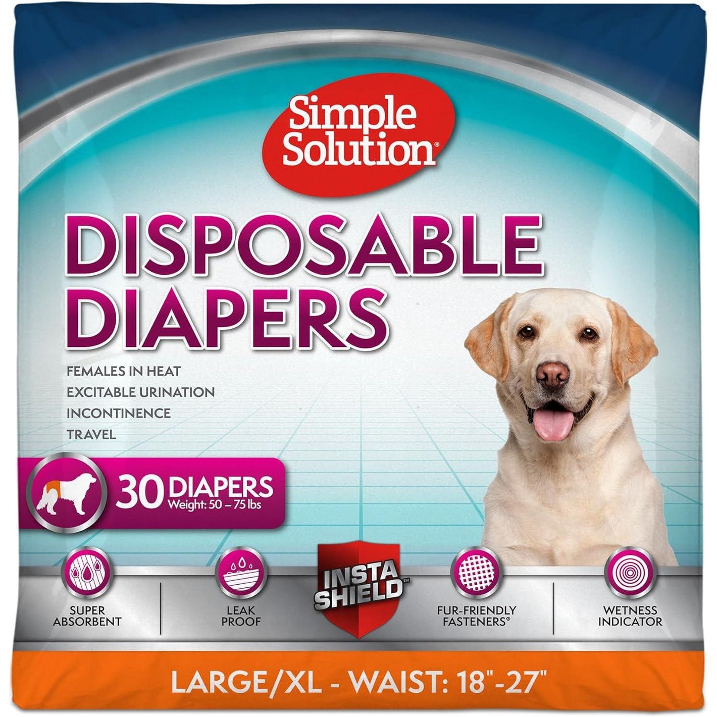 Simple Solution Female Dog Diapers Large 30 Count Disposable Potty and Heat Cycle Protection 18 to 27 Inch Waist