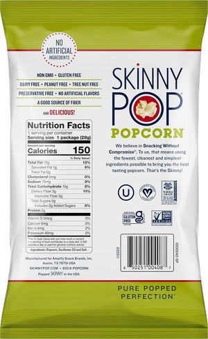 SkinnyPop SkinnyPop Popcorn, Gluten Free, Dairy Free, Non-GMO, Healthy Snacks, Skinny Pop Original Popcorn, 1oz Individual Size Snack Bags (12 Count)