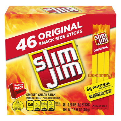 Slim Jim Smoked Meat Sticks, Original Flavor, 6g Protein per Serving, Snack Size (028oz), 46 Count