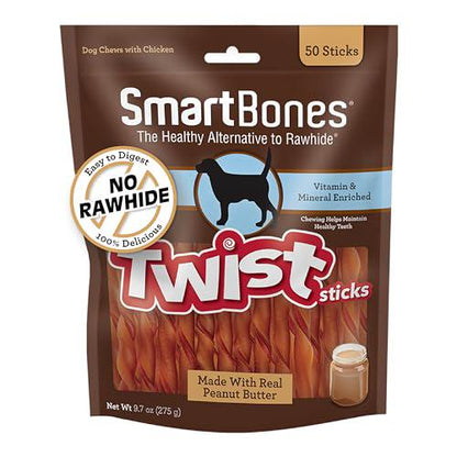 SmartBones Smart Twist Dog Sticks 50 Count Rawhide Free Chews with Peanut Butter Flavor