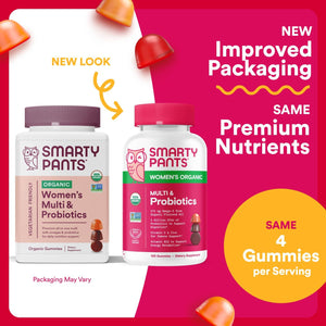SmartyPants Organic Women’s Multivitamin Gummies, Biotin, Probiotics, Methylfolate, Omega 3, Vitamin D3, B12, B6, A, K, Zinc & Inositol, Gluten-Free, 120 Count