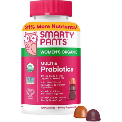 SmartyPants Organic Women’s Multivitamin Gummies, Biotin, Probiotics, Methylfolate, Omega 3, Vitamin D3, B12, B6, A, K, Zinc & Inositol, Gluten-Free, 120 Count