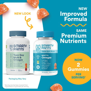 SmartyPants SmartyPants Teen Guy Multivitamin Gummies - Improved Formula: Omega 3 (DHA/EPA), Vitamin D3, C, Vitamin B12, B6, A, K And Zinc, Folate, Gluten Free, Fruit Flavor, 60 Count (30 Day Supply)