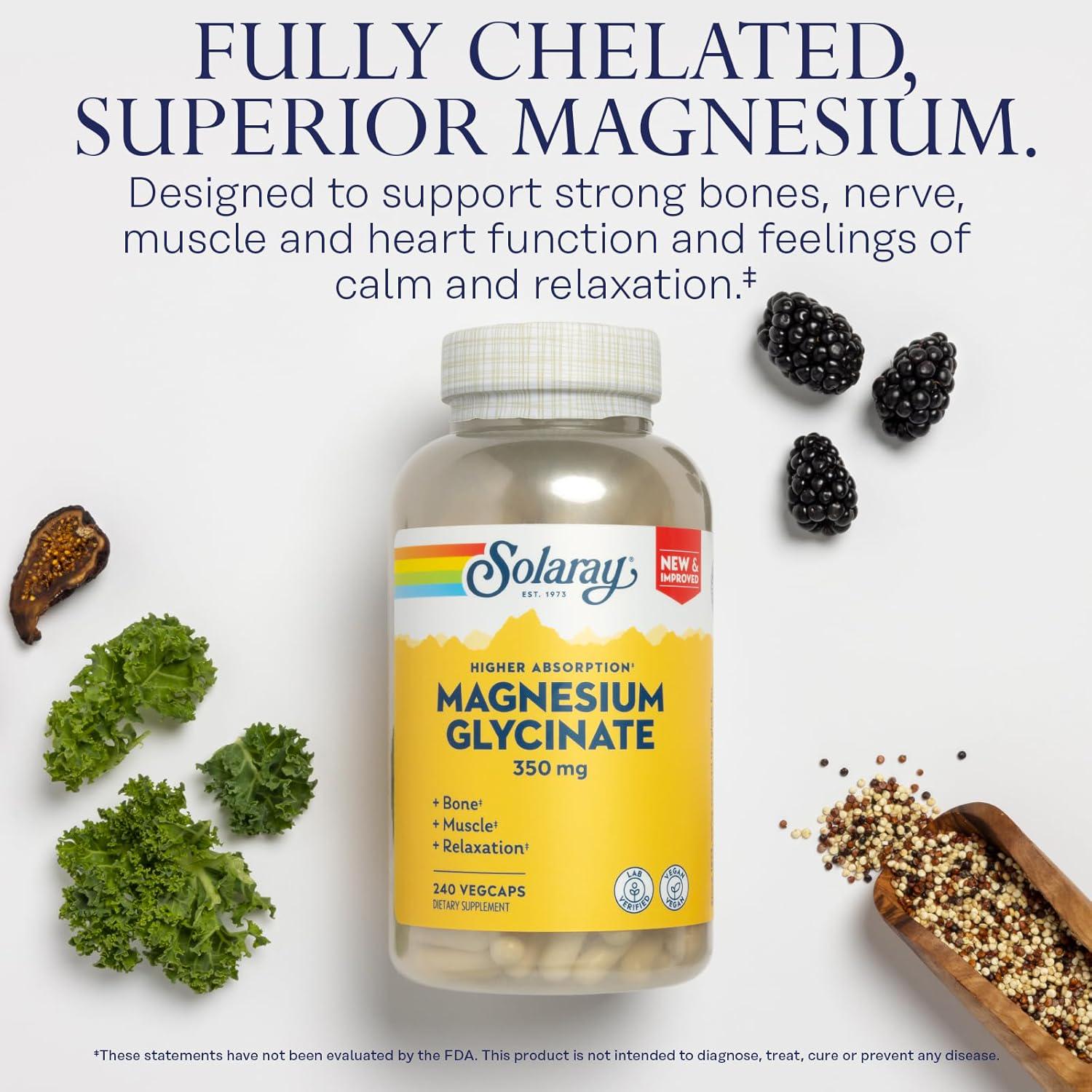 Solaray Magnesium Glycinate, New And Improved Fully Chelated Bisglycinate With BioPerine, High Absorption Formula, Stress, Bones, Muscle And Relaxation Support, 60 Day Guarantee, 60 Servings, 240 VegCaps,