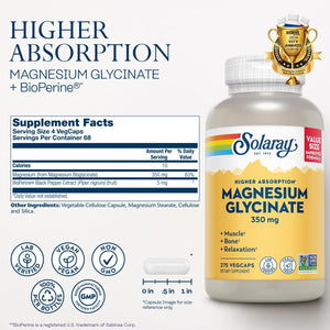 Solaray Magnesium Glycinate, New And Improved Fully Chelated Bisglycinate With BioPerine, High Absorption Formula, Stress, Bones, Muscle And Relaxation Support, 60 Day Guarantee, 68 Servings, 275 VegCaps,