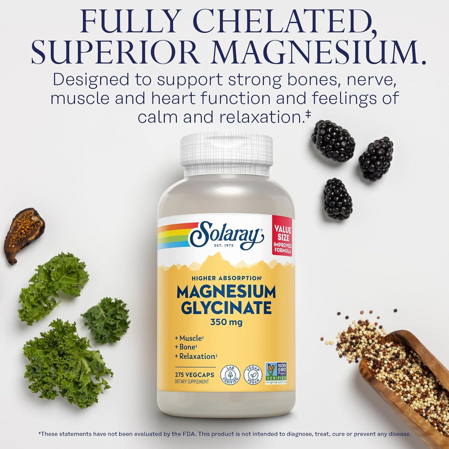 Solaray Magnesium Glycinate, New And Improved Fully Chelated Bisglycinate With BioPerine, High Absorption Formula, Stress, Bones, Muscle And Relaxation Support, 60 Day Guarantee, 68 Servings, 275 VegCaps,
