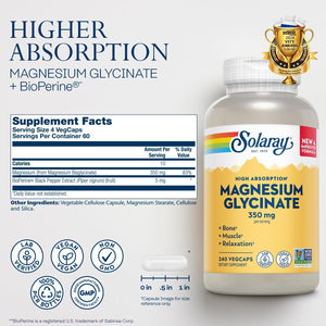 Solaray Magnesium Glycinate, New And Improved Fully Chelated Bisglycinate With BioPerine, High Absorption Formula, Stress, Bones, Muscle And Relaxation Support, 60 Day Guarantee, 60 Servings, 240 VegCaps,