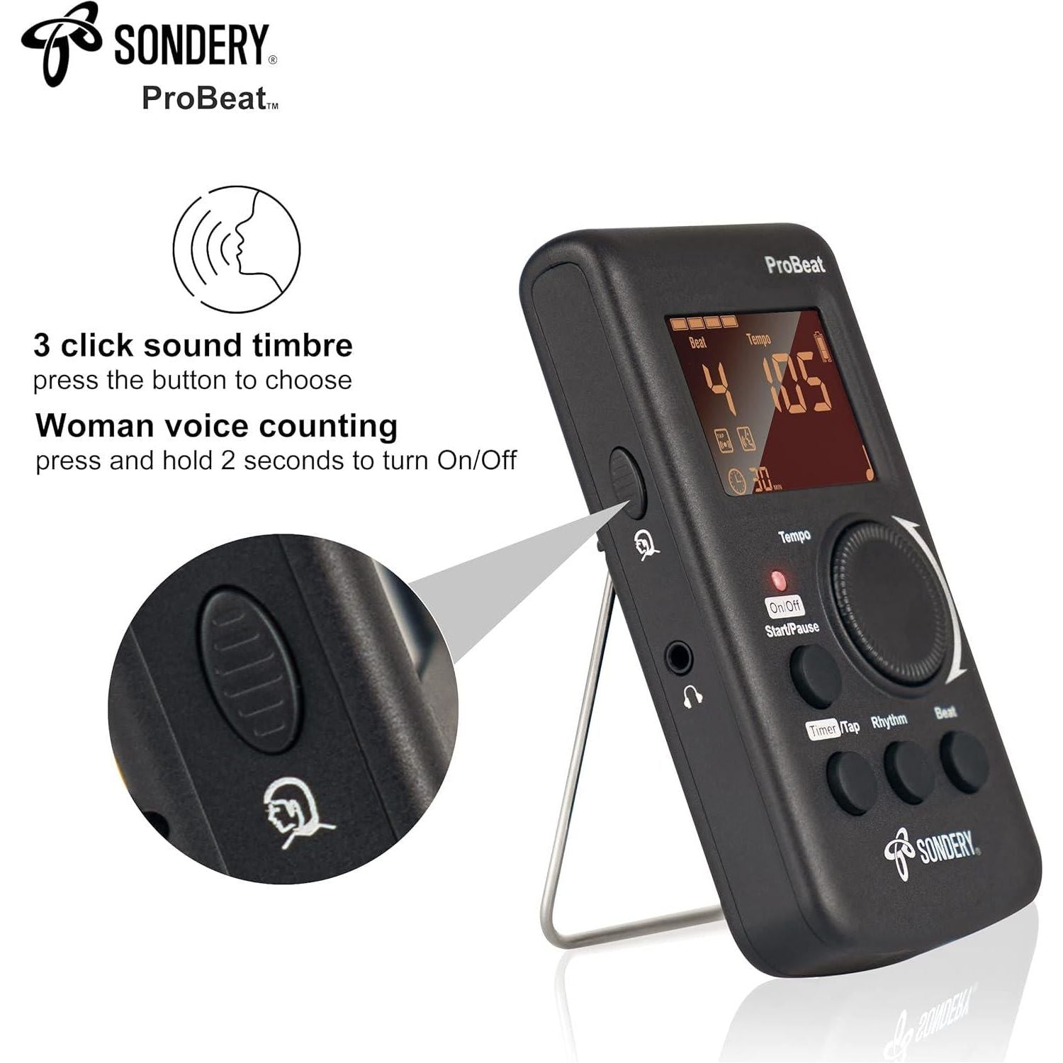 Sondery Digital Metronome For Guitar Piano Drum And All Instruments With Timer, English Vocal Counting And 3 Different Sounds With Earphone Jack And Flashing Light, Loud Volume, Rechargeable,