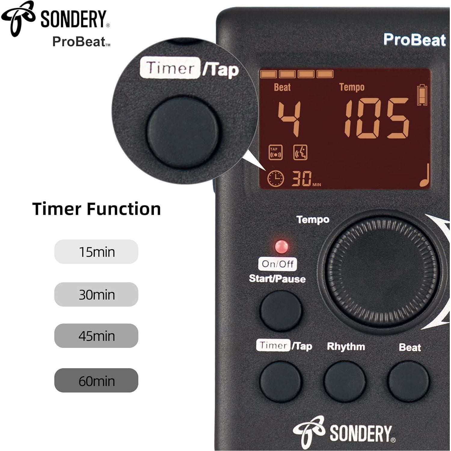 Sondery Digital Metronome For Guitar Piano Drum And All Instruments With Timer, English Vocal Counting And 3 Different Sounds With Earphone Jack And Flashing Light, Loud Volume, Rechargeable,