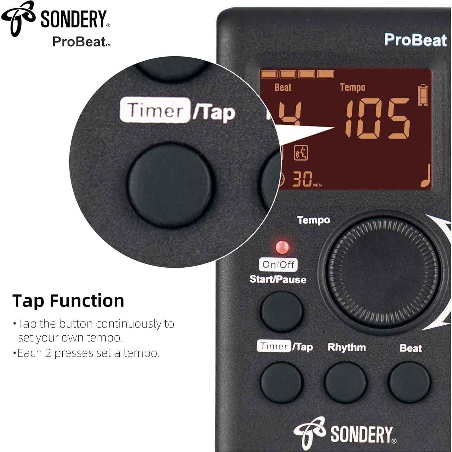 Sondery Digital Metronome For Guitar Piano Drum And All Instruments With Timer, English Vocal Counting And 3 Different Sounds With Earphone Jack And Flashing Light, Loud Volume, Rechargeable,
