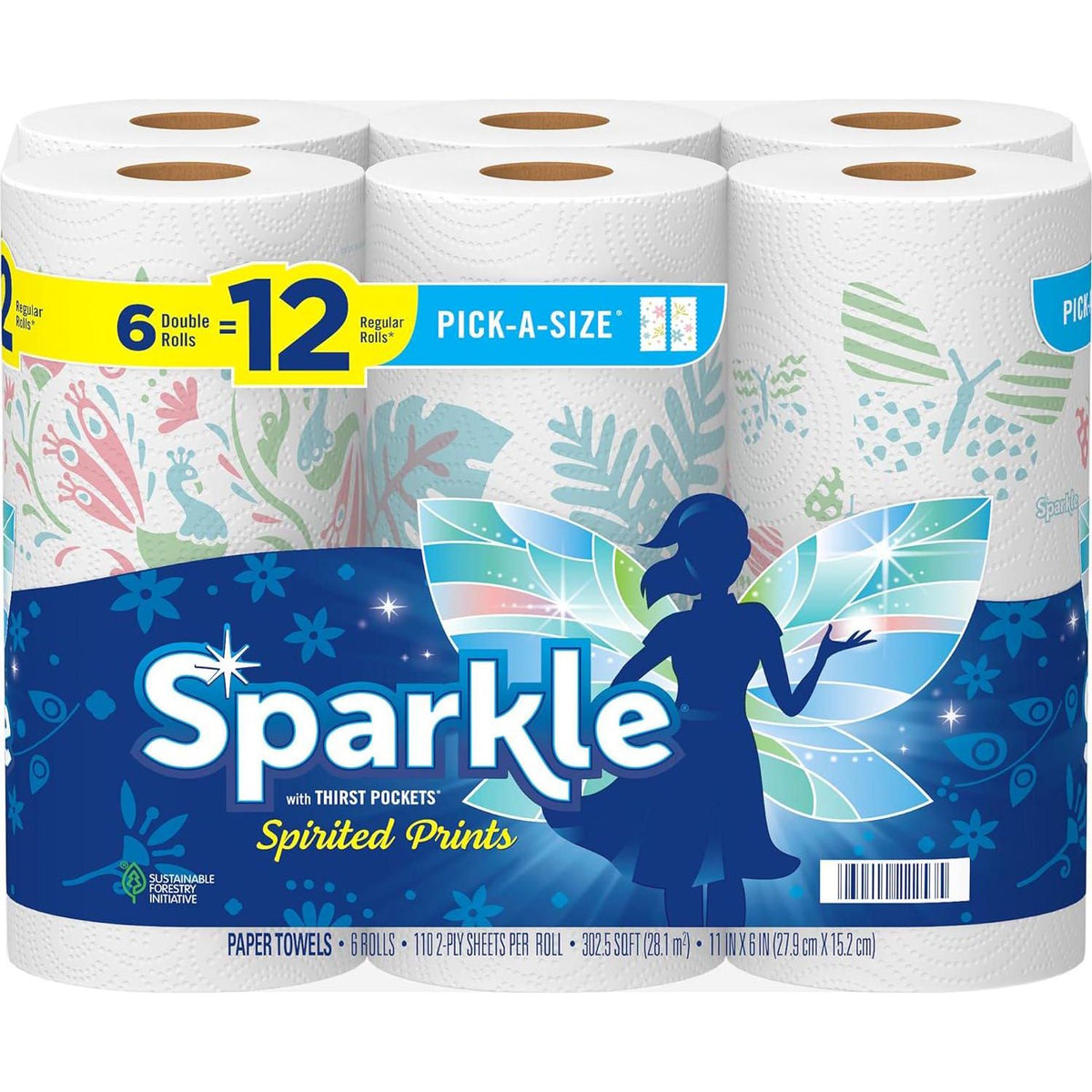 SPARKLE Sparkle Pick-A-Size Paper Towels, Spirited Prints, 6 Double Rolls = 12 Regular Rolls, Everyday Value Paper Towel With Full And Half Sheets