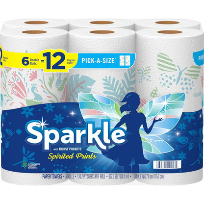 SPARKLE Sparkle Pick-A-Size Paper Towels, Spirited Prints, 6 Double Rolls = 12 Regular Rolls, Everyday Value Paper Towel With Full And Half Sheets