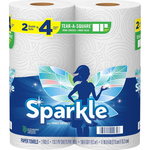 Sparkle Tear-A-Square Paper Towels, 2 Double Rolls (4 Regular Rolls), Customizable Sheet Sizes for Versatile Cleaning