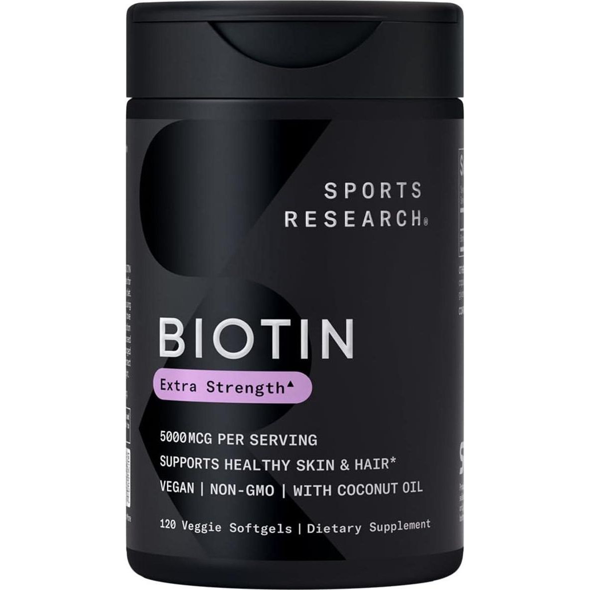 Sports Research Extra Strength Vegan Biotin Vitamin B Supplement, Organic Coconut Oil, Supports Keratin for Healthier Hair & Skin, 5,000mcg, 120 Veggie Softgels