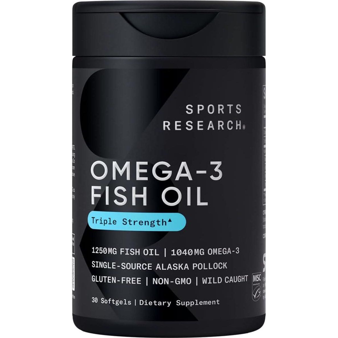 Sports Research Triple Strength Omega-3 Fish Oil, EPA & DHA from Wild Alaskan Pollock, 1250 mg, Heart & Brain Support, 30 Softgels