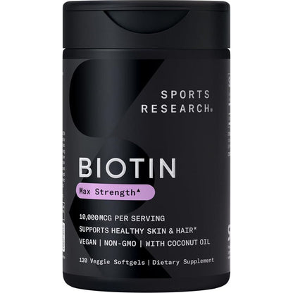 Sports Research Vegan Biotin 10,000mcg with Coconut Oil, Max Strength, Non-GMO, 120 Softgels, 4-Month Supply