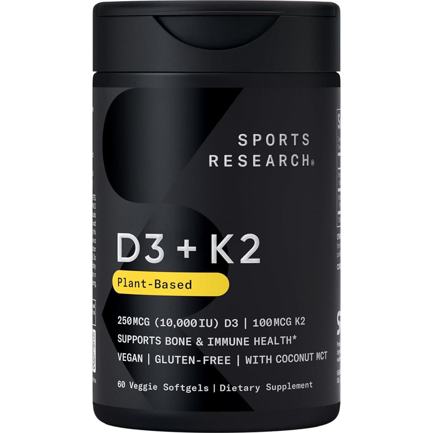Sports Research Vegan D3, 10,000 IU with Vitamin K2, 100mg, Formulated with Coconut MCT Oil, Vegan Certified, Soy & Gluten-Free, 60 Softgels