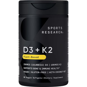 Sports Research Vegan D3, 10,000 IU with Vitamin K2, 100mg, Formulated with Coconut MCT Oil, Vegan Certified, Soy & Gluten-Free, 60 Softgels