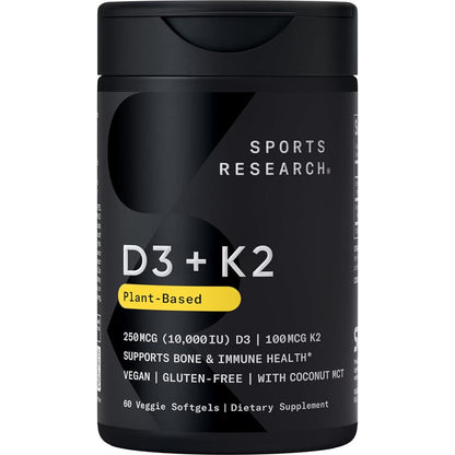 Sports Research Vegan D3, 10,000 IU with Vitamin K2, 100mg, Formulated with Coconut MCT Oil, Vegan Certified, Soy & Gluten-Free, 60 Softgels