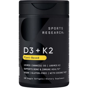 Sports Research Vitamin D3 & K2 with Coconut MCT Oil, Vegan, 5000 IU D3, 100mcg K2 for Bone & Immune Health, 120 Softgels