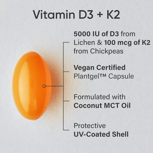 Sports Research Vitamin D3 & K2, 5000 IU Vitamin D3 & 100 mcg Vitamin K2, with Coconut Oil, Vegan, Non-GMO, 60 Softgels