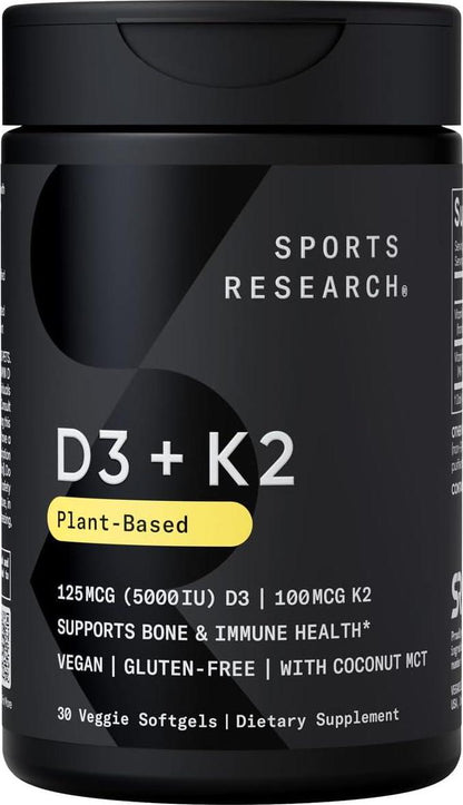 Sports Research Vitamin D3 & K2, 5000 IU Vitamin D3 & 100 mcg Vitamin K2, Plant-Based, Vegan Certified, Supports Bone & Immune Health, 30 Softgels