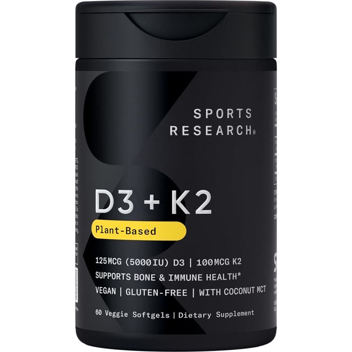 Sports Research Vitamin D3 & K2, 5000 IU Vitamin D3 & 100 mcg Vitamin K2, with Coconut Oil, Vegan, Non-GMO, 60 Softgels
