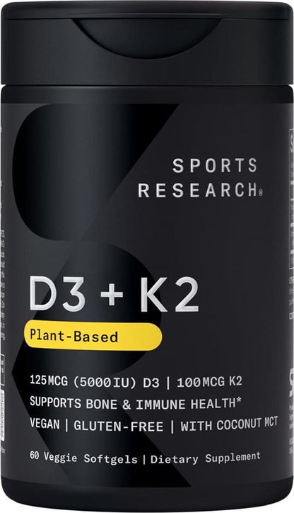 Sports Research Vitamin D3 & K2, 5000 IU Vitamin D3 & 100 mcg Vitamin K2, with Coconut Oil, Vegan, Non-GMO, 60 Softgels