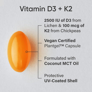 Sports Research Vitamin D3 & K2 with Coconut MCT Oil, Vegan D3 (2500 IU) & Plant-Based Vitamin K2 (100 mcg), 60 Softgels, Immune & Bone Health