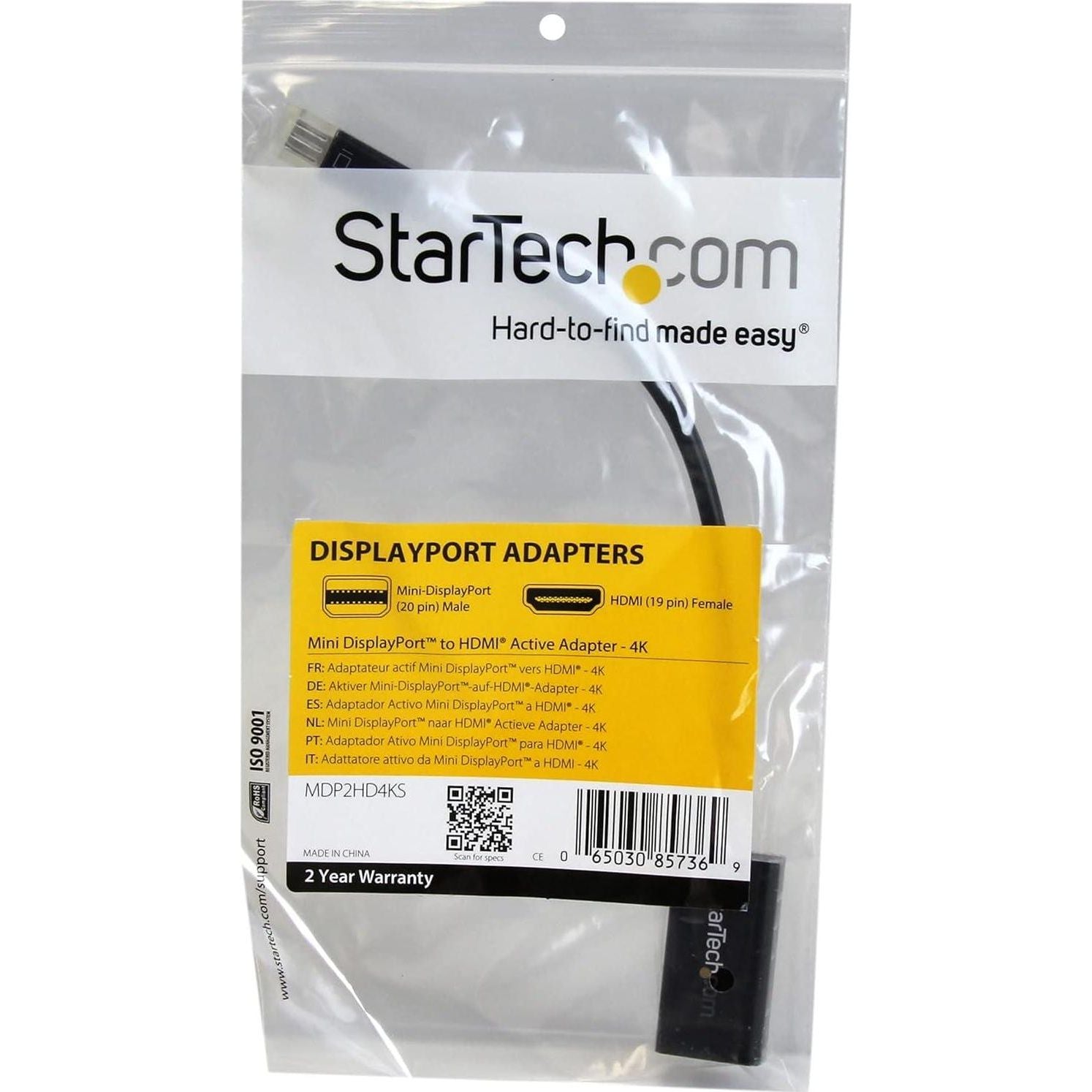 StarTech.com Mini DisplayPort To HDMI Adapter - Active MDP To HDMI Video Converter - 4K 30Hz - Mini DP Or Thunderbolt 1/2 Mac/PC To HDMI Monitor/TV/Display - MDP 1.2 To HDMI Adapter Dongle (MDP2HD4KS),