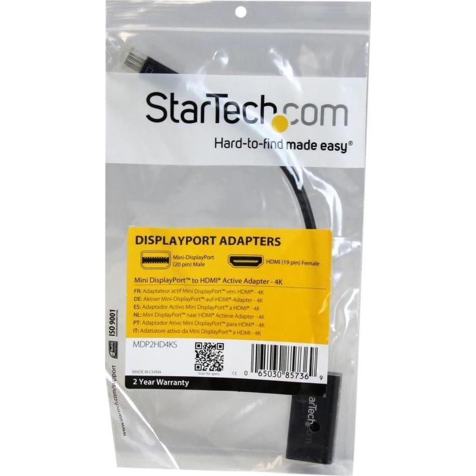 StarTech.com Mini DisplayPort To HDMI Adapter - Active MDP To HDMI Video Converter - 4K 30Hz - Mini DP Or Thunderbolt 1/2 Mac/PC To HDMI Monitor/TV/Display - MDP 1.2 To HDMI Adapter Dongle (MDP2HD4KS),
