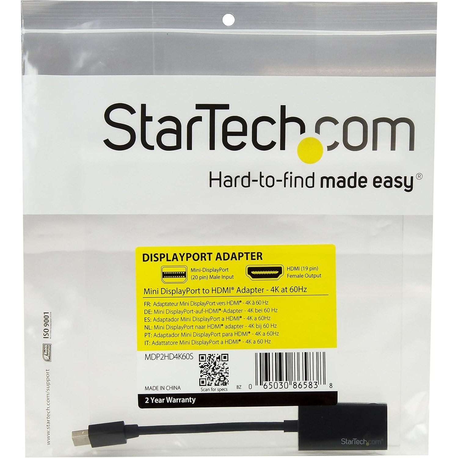 StarTech.com Mini DisplayPort To HDMI Adapter - Active MDP 1.4 To HDMI 2.0 Video Converter - 4K 60Hz - Mini DP Or Thunderbolt 1/2 Mac/PC To HDMI Monitor/TV/Display (MDP2HD4K60S), Black,