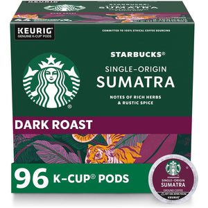 Starbucks K-Cup Coffee Pods, Dark Roast Sumatra, 100% Arabica, Keurig Brewers, 4 Boxes (96 Pods Total)