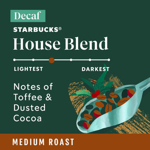 Starbucks K-Cup Coffee Pods, Medium Roast Decaf House Blend for Keurig Coffee Makers, 100% Arabica, 1 Box (22 Pods)